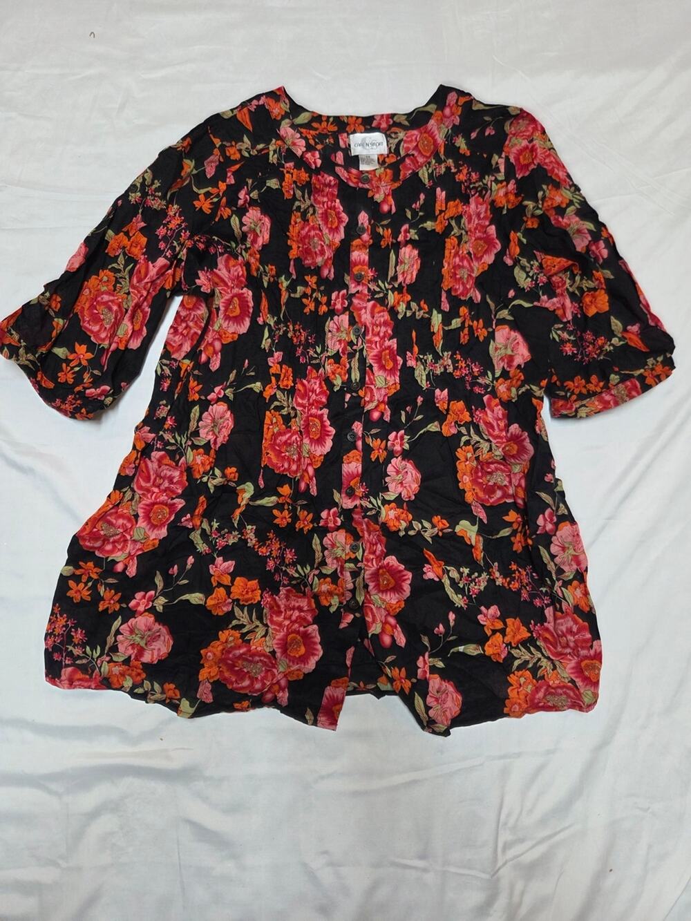 Caren Sport Black Floral Button-Front Blouse with Pink & Orange Blooms